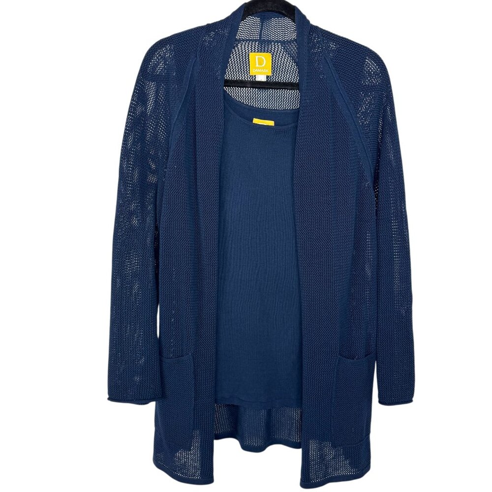 Damask Navy Blue Tank top and knit long cardigan set Pockets EUC Size M/L